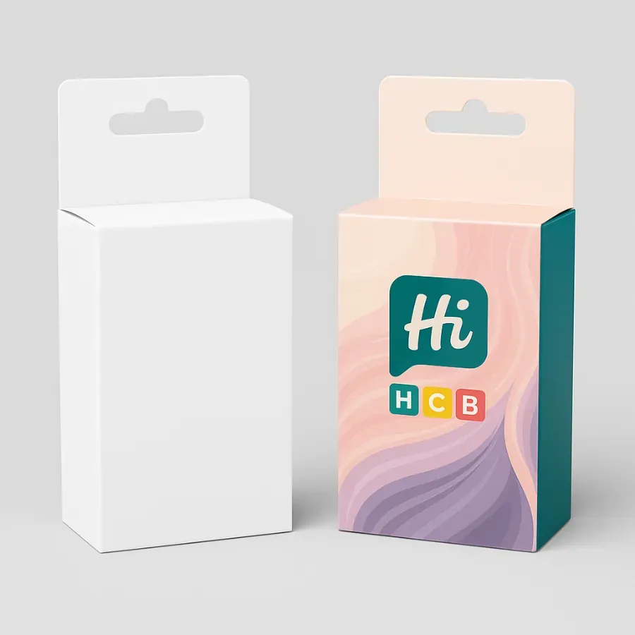 Wholesale shampoo boxes with hanging tab design- plain white and branded version displayed side by side class=