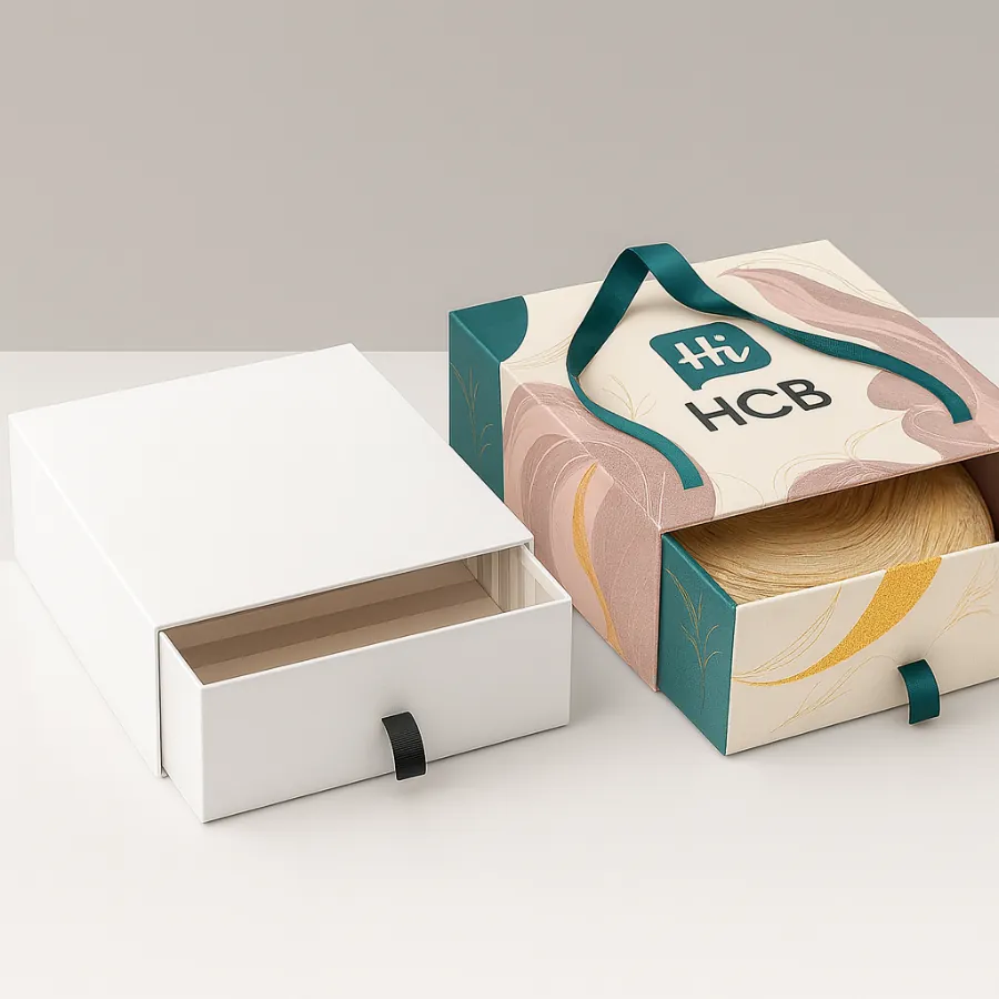Premium rigid magnetic closure box with satin interior- plain version on the left and branded version on the right with HCB logo and teal bow ribbon- class=