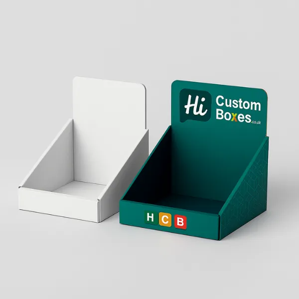 Cardboard display boxes - one plain white- one dark teal with Hi Custom Boxes branding and HCB logo-