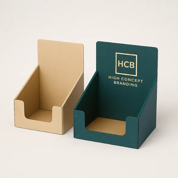 one plain kraft- one dark teal with gold HCB branding and kraft interior- class=