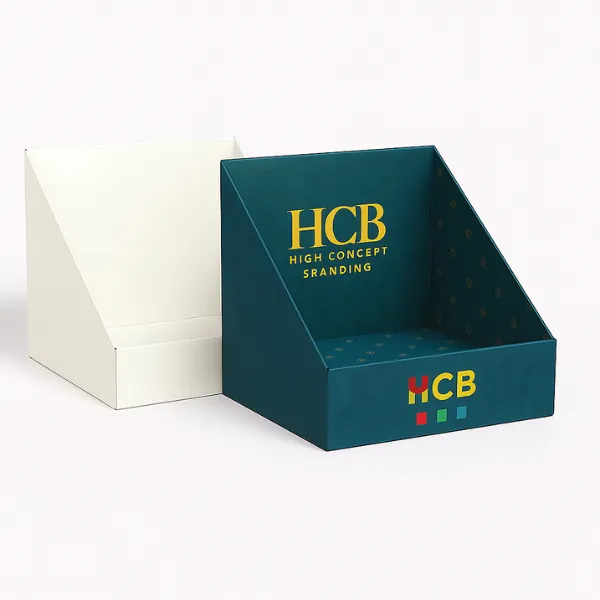 Cardboard display boxes - one plain white- one dark teal with gold HCB branding and patterned interior- class=