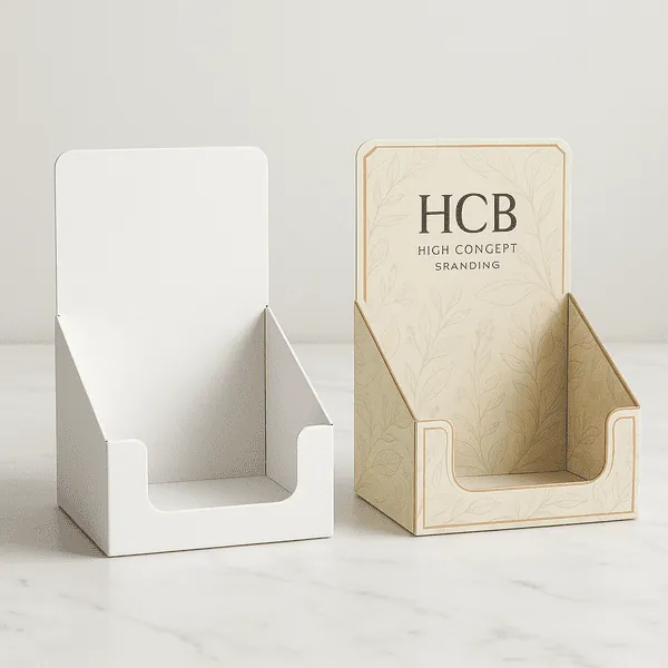Two counter display boxes one plain white and one custom printed in olive green with floral patterns and Hi Custom Branding logo class=