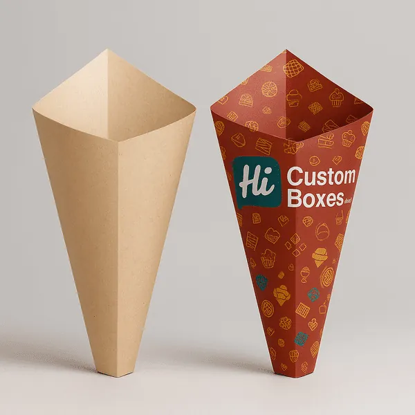 Kraft and printed paper cone sleeves for food with Hi Custom Boxes logo and icons class=