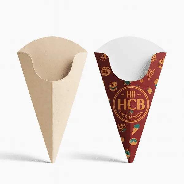 Kraft and branded waffle cone sleeves with Hi HCB design and pattern print class=