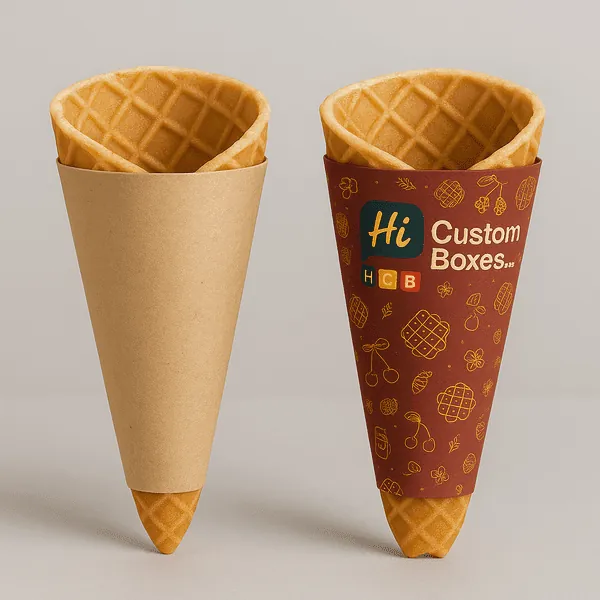 Branded and plain food cones side by side featuring HCB custom cone packaging class=