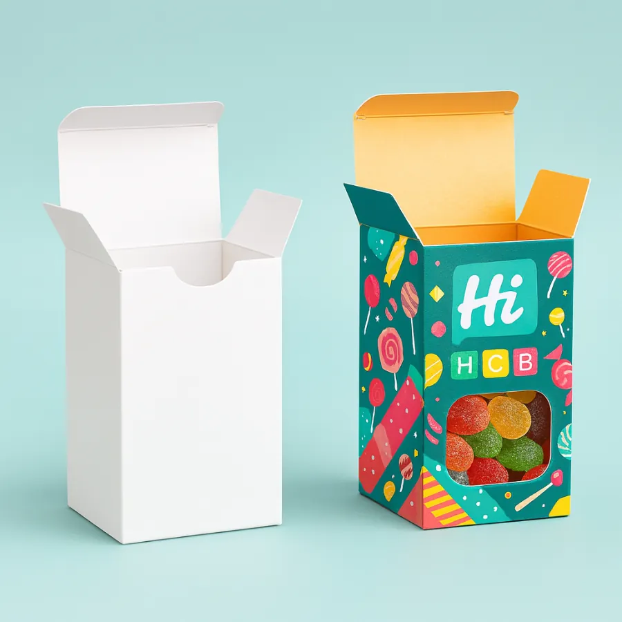 Two tall tuck-top boxes for candy- one open plain white and one open in a colorful design- showing gummy sweets through the front window-