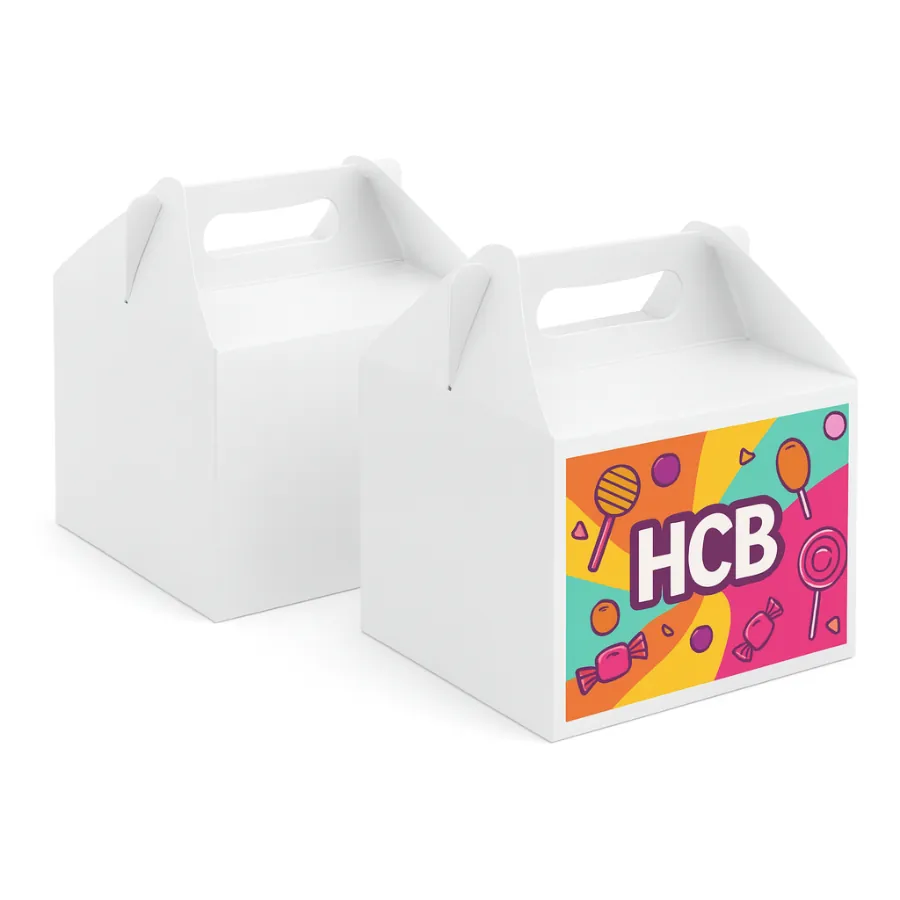 Two gable-top candy gift boxes with handles- one plain white and one printed with a colorful -HCB- logo and candy graphics- class=