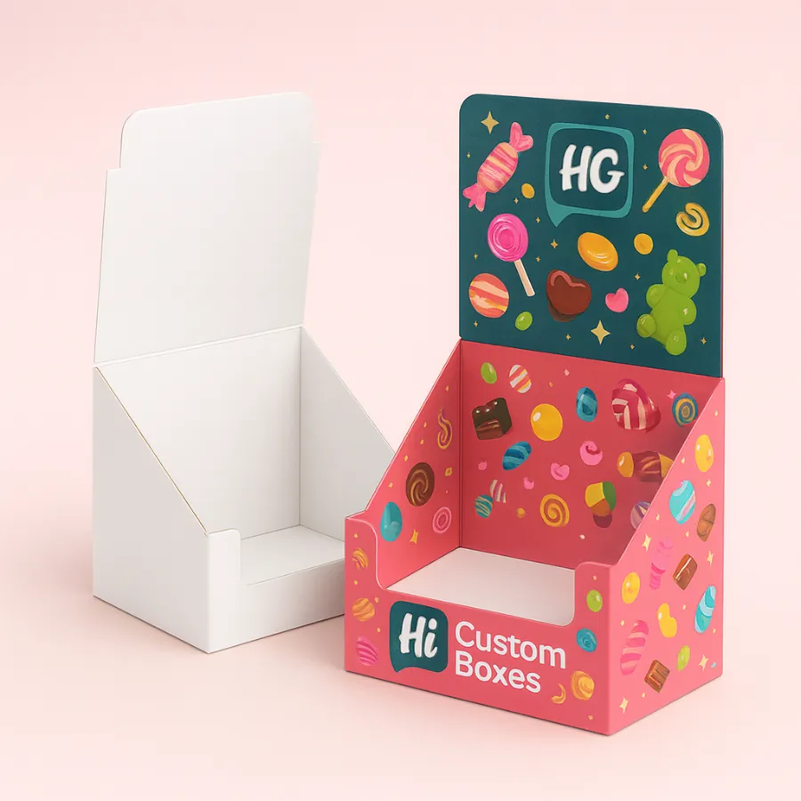 Two point-of-purchase (POP) display boxes for candy- one plain white and one in a vibrant pink and teal design with cartoon candy graphics- class=