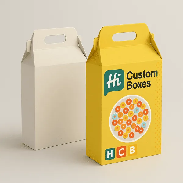 Kraft and printed gable cereal boxes yellow one with HCB bear design for kids packaging class=