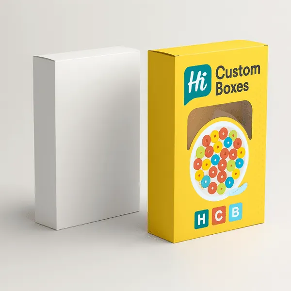 Plain and printed cereal boxes yellow version features HCB logo and a front window cutout class=