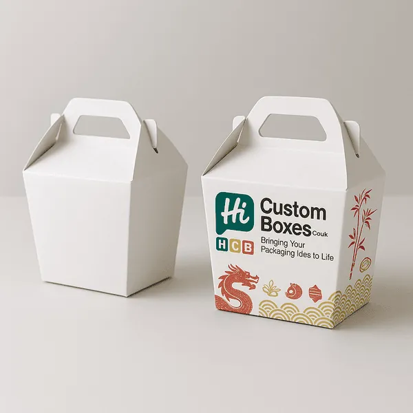 Custom gable top Chinese food box with red dragon and bamboo graphics HCB branding front class=