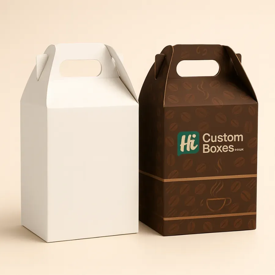Custom coffee boxes with handle -gable top-- brown printed with coffee bean pattern class=