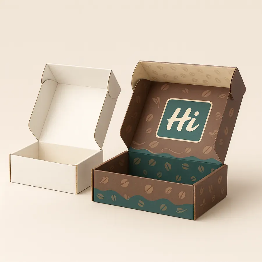Custom coffee packaging mailer boxes- open- with brown coffee bean design class=