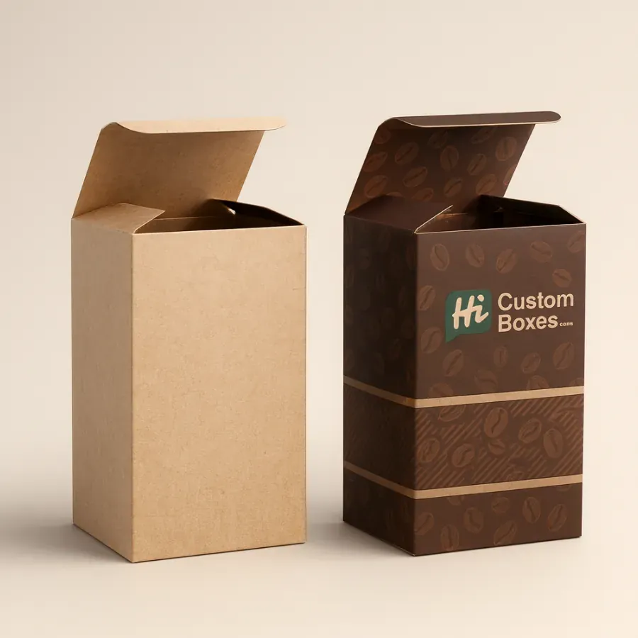 Custom coffee retail boxes- brown craft and printed carton with coffee bean graphics class=