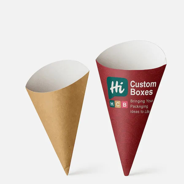 Custom printed and plain kraft paper cone sleeves by Hi Custom Boxes ideal for snacks and fries class=
