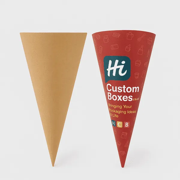 Hi Custom Boxes plain and branded paper cone sleeves perfect for snacks fries and food events