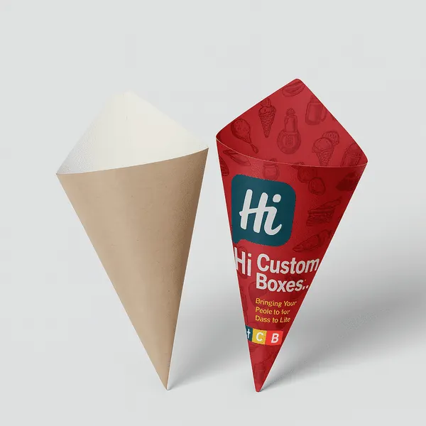 Hcb cone sleeves in kraft and full color print perfect for snacks fries and street food class=