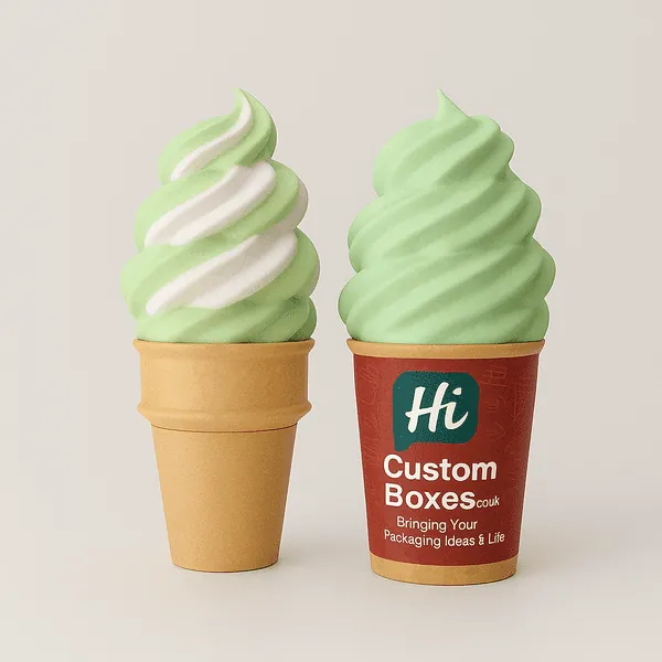 Soft serve ice cream in plain and branded kraft cups by Hi Custom Boxes ideal for frozen desserts class=