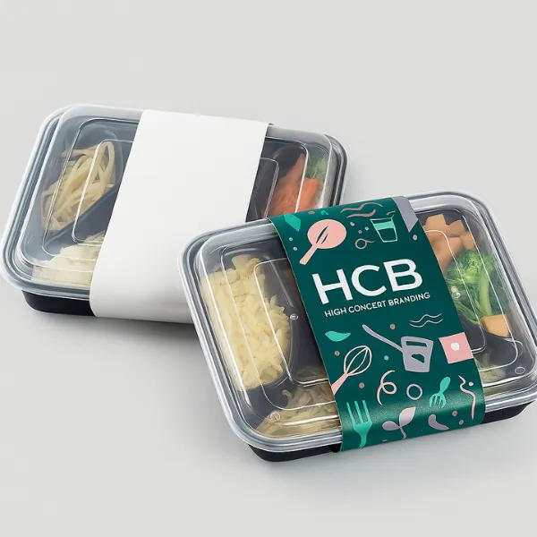 White clamshell food boxes - one plain- one with colorful polka-dot sleeve and Hi Custom Boxes logo-