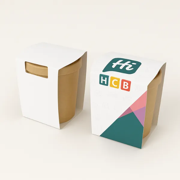 Rectangular meal prep containers - one plain with white sleeve- one printed sleeve with food icons and HCB branding- class=