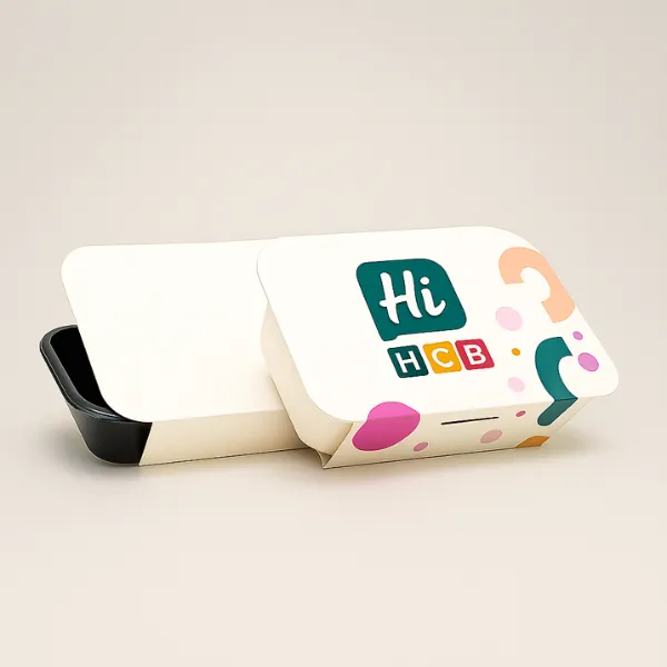 soup containers sleeve- one plain- one with geometric design sleeve and Hi Custom Boxes logo- class=