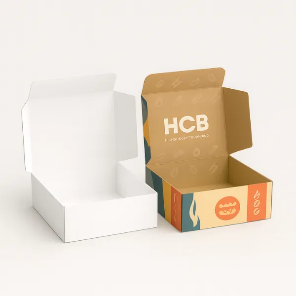 Open tuck-top food packaging boxes- one plain white and the other custom printed with HCB branding and colorful burger and flame icons- class=