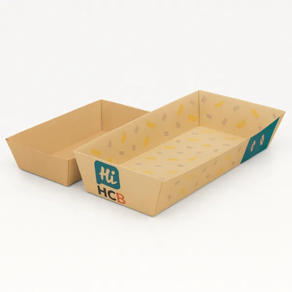 Rectangular kraft paper food trays- one plain and the other custom printed with Hi HCB logo and yellow pattern design inside- class=