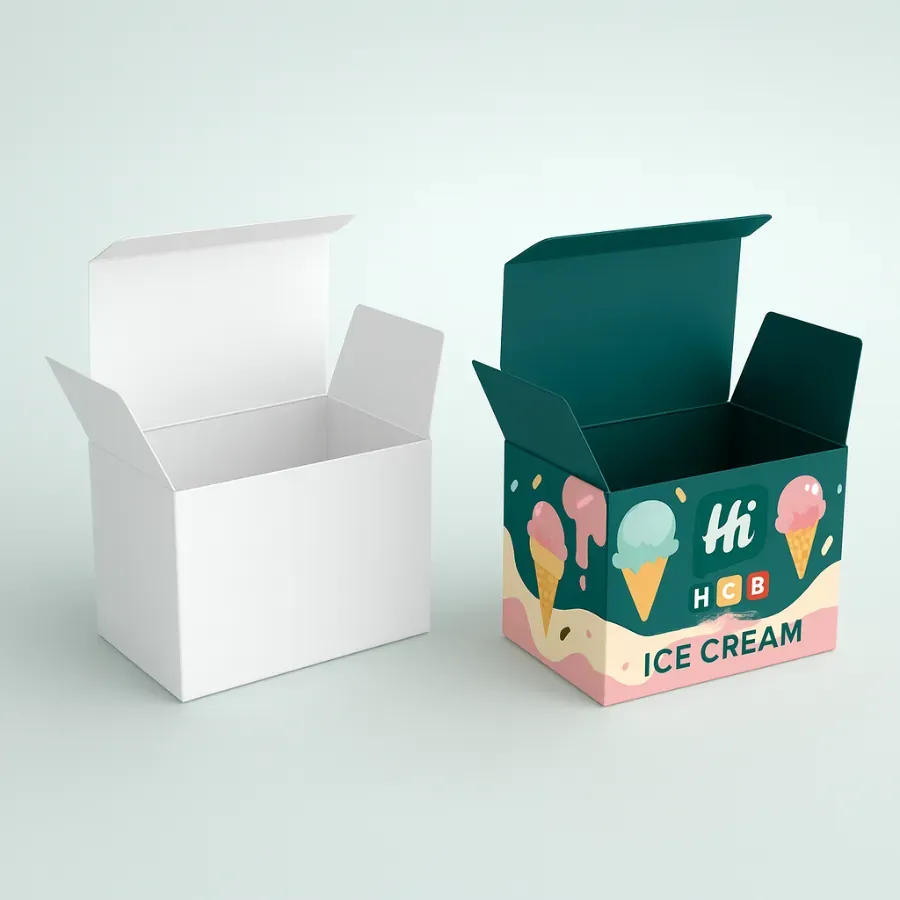 Custom printed ice cream boxes -or square tuck boxes- with a fun- colorful design featuring cones and scoops- next to an unprinted- open white blank box for frozen dessert packaging