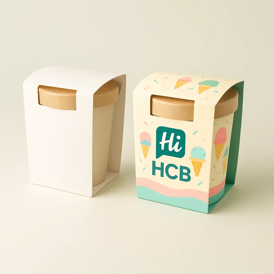Unique ice cream box packaging for a single cup- featuring a protective sleeve with a rounded top and a bright- branded design with small ice cream cone graphics next to a plain white version class=
