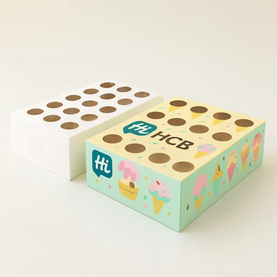 Ice cream boxes designed to hold multiple mini-cones or popsicles- featuring die-cut holes and a colorful branded pattern with ice cream illustrations- next to a plain white version class=