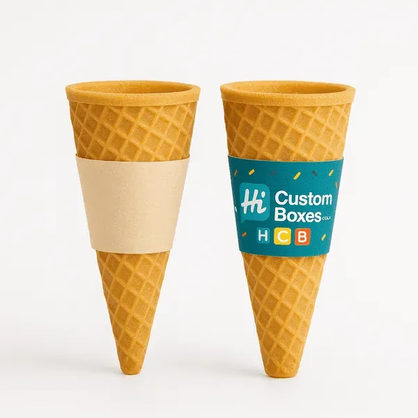 Two waffle cones with sleeves one plain kraft and one teal printed with Hi Custom Boxes and sprinkles class=