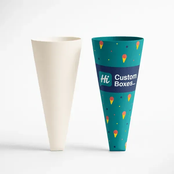 Two cone sleeves side by side one plain kraft one teal with ice cream prints and Hi Custom Boxes logo