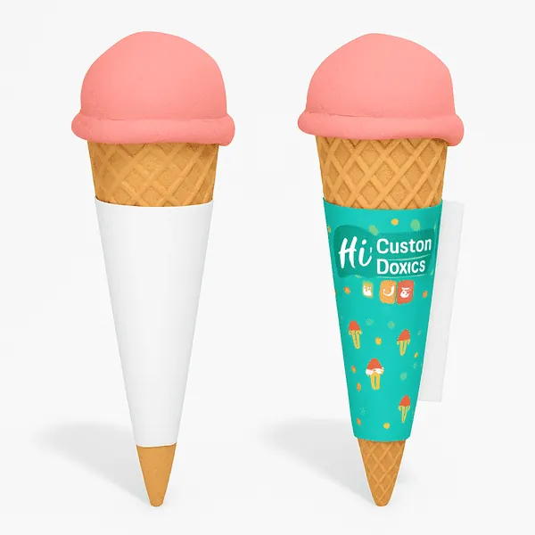 Two strawberry topped cones with sleeves one plain white one teal with Hi Custom Boxes branding class=