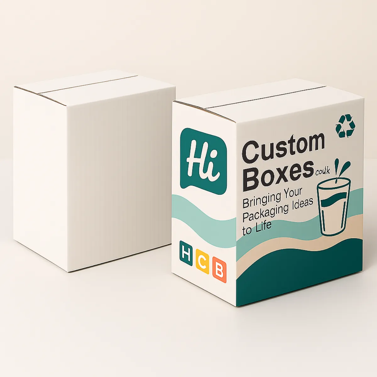 Custom printed and plain gable-top milk carton mockup with teal water splash design- -Hi HCB- branding- and recyclable eco-friendly packaging symbol- class=