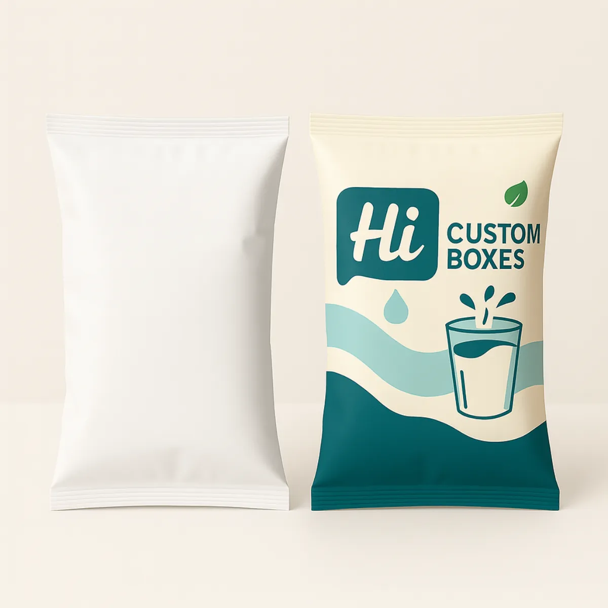 Custom printed and plain foil packaging pouch mockup for snacks or powdered products- featuring teal and cream color design with water splash illustration and -Hi Custom Boxes- branding- class=