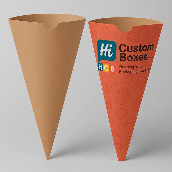 Kraft and custom printed paper cone sleeves by Hi Custom Boxes ideal for fries and snack packaging class=