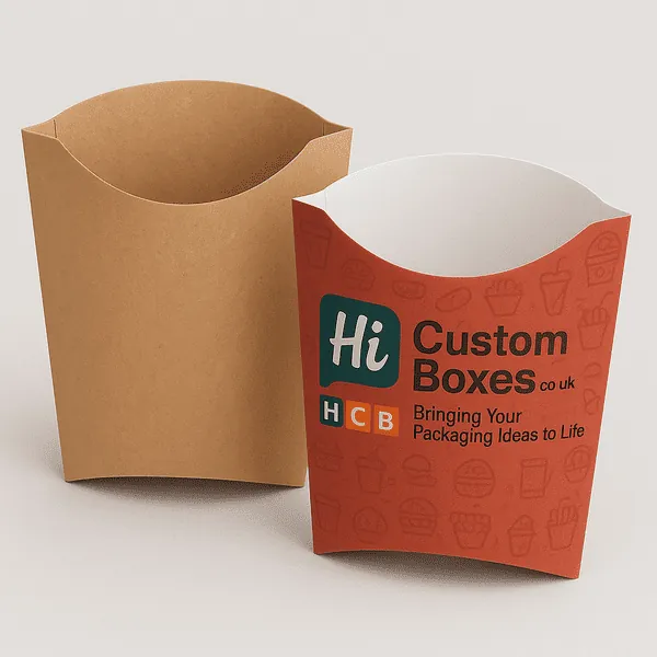 Custom printed and plain kraft French fry boxes by Hi Custom Boxes with vibrant branding design class=