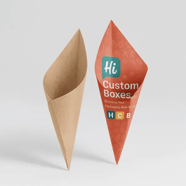 Custom printed and plain kraft paper cone sleeves for snacks by Hi Custom Boxes with bold branding class=