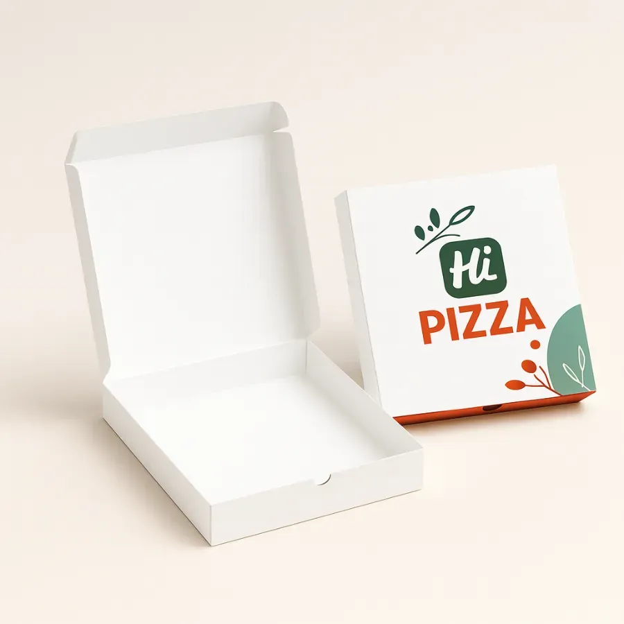 Custom food packaging boxes- small square white mailer style for pizza or snacks class=