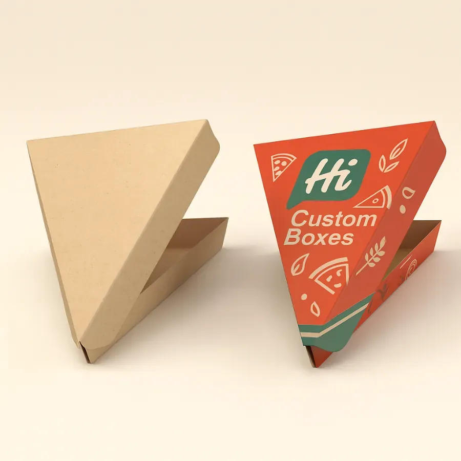 Custom pizza slice boxes- triangle shape- in kraft and printed red design class=