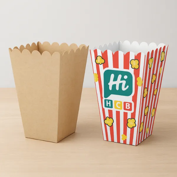 Popcorn boxes with scalloped rims - one kraft and one striped with HCB logo and popcorn graphics-