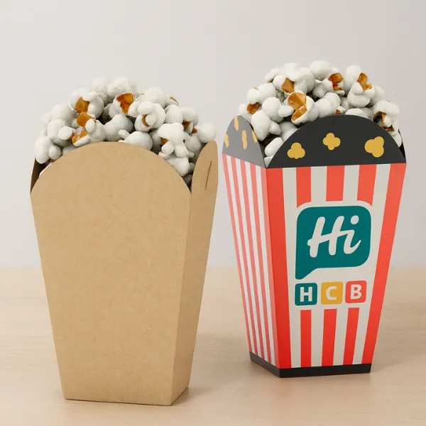 Curved-edge kraft and printed popcorn boxes- both filled with caramel-dipped popcorn on display- class=