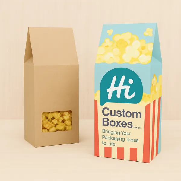 Popcorn gift boxes - one with clear window- the other with Hi Custom Boxes branding and popcorn art- class=
