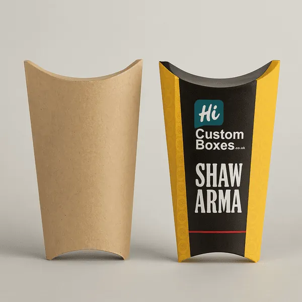 Hi Custom Boxes shawarma fry boxes in plain kraft and bold yellow black print for food packaging class=