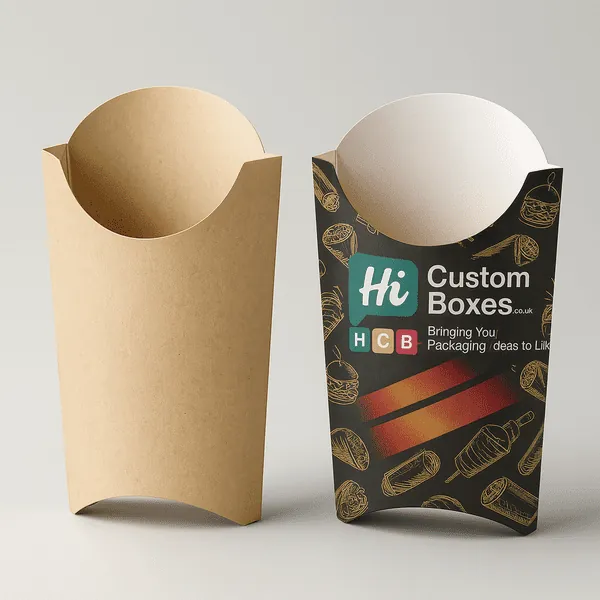 HCB kraft and custom printed fry boxes with bold black design ideal for takeaway snacks class=