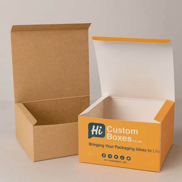 HCB branded and plain kraft tuck top boxes ideal for food gifts and takeaway packaging class=