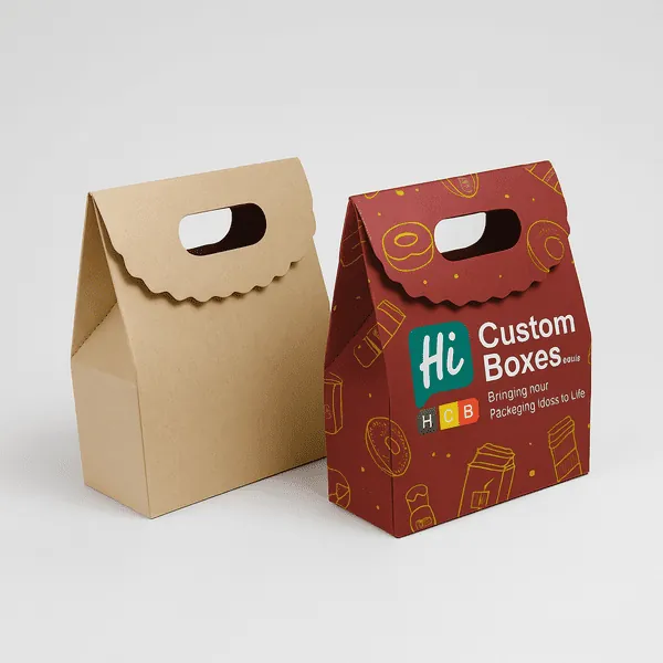 Stylish kraft and custom scalloped handle treat boxes by Hi Custom Boxes perfect for baked goods class=