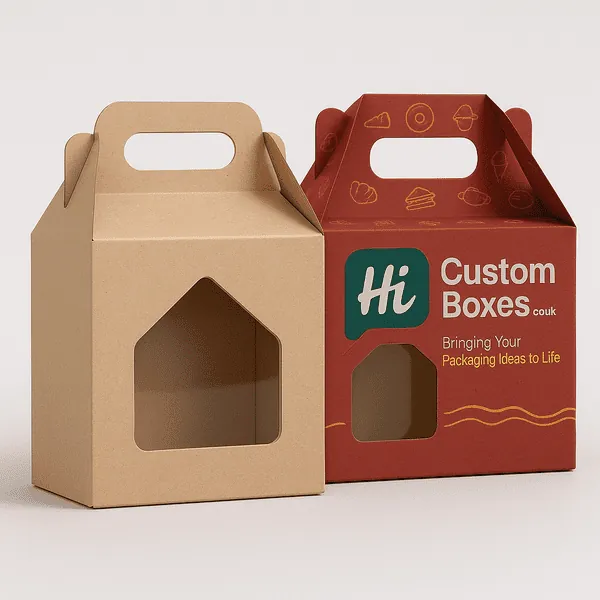 Eco kraft and custom printed gable boxes with window cutouts ideal for showcasing baked treats class=