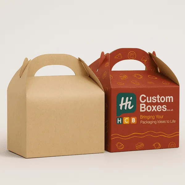 Chic kraft and custom printed takeaway gable boxes by Hi Custom Boxes with easy carry handle design class=
