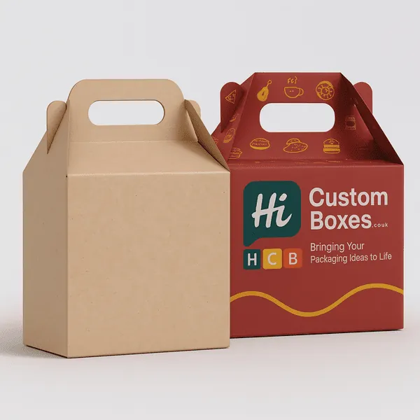 Hi Custom Boxes kraft and branded gable boxes with handles ideal for food gifts and takeaway use